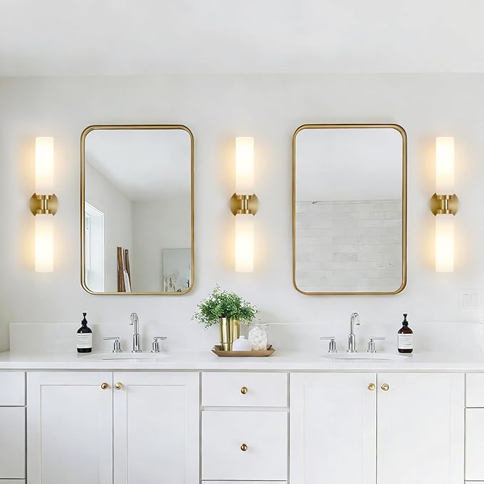 2 Light Brushed Brass Gold Bathroom Light Fixture Over Mirror, Modern Farmhouse Bathroom Vanity Lights with Milky White Frosted Glass Shade, Wall Sconce for Hallway Cabinet Bedroom Porch