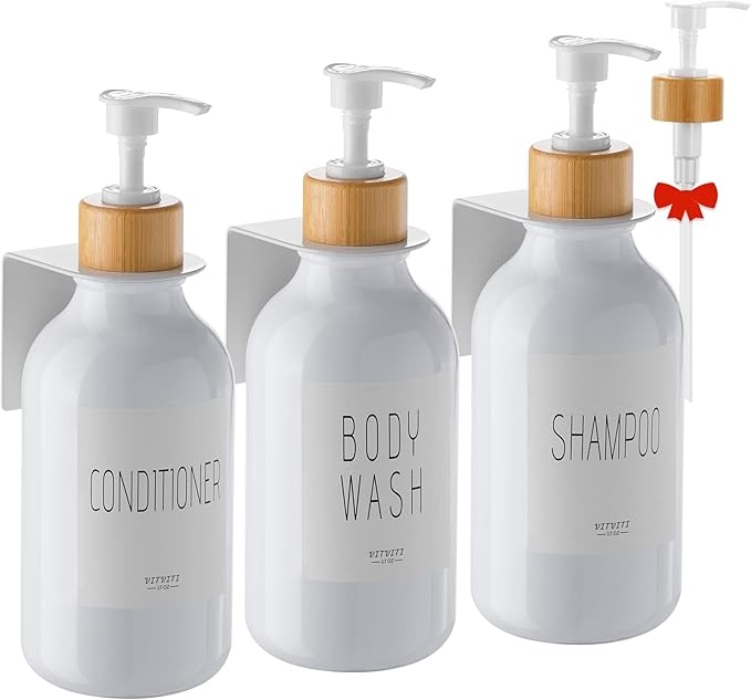 VITVITI Shampoo and Conditioner Dispenser, Body Wash Shower Soap Dispenser Wall Mounted 3 Chamber, Drill Free 17oz Plastic Shower Bottles for Bathroom, White 3 Sets