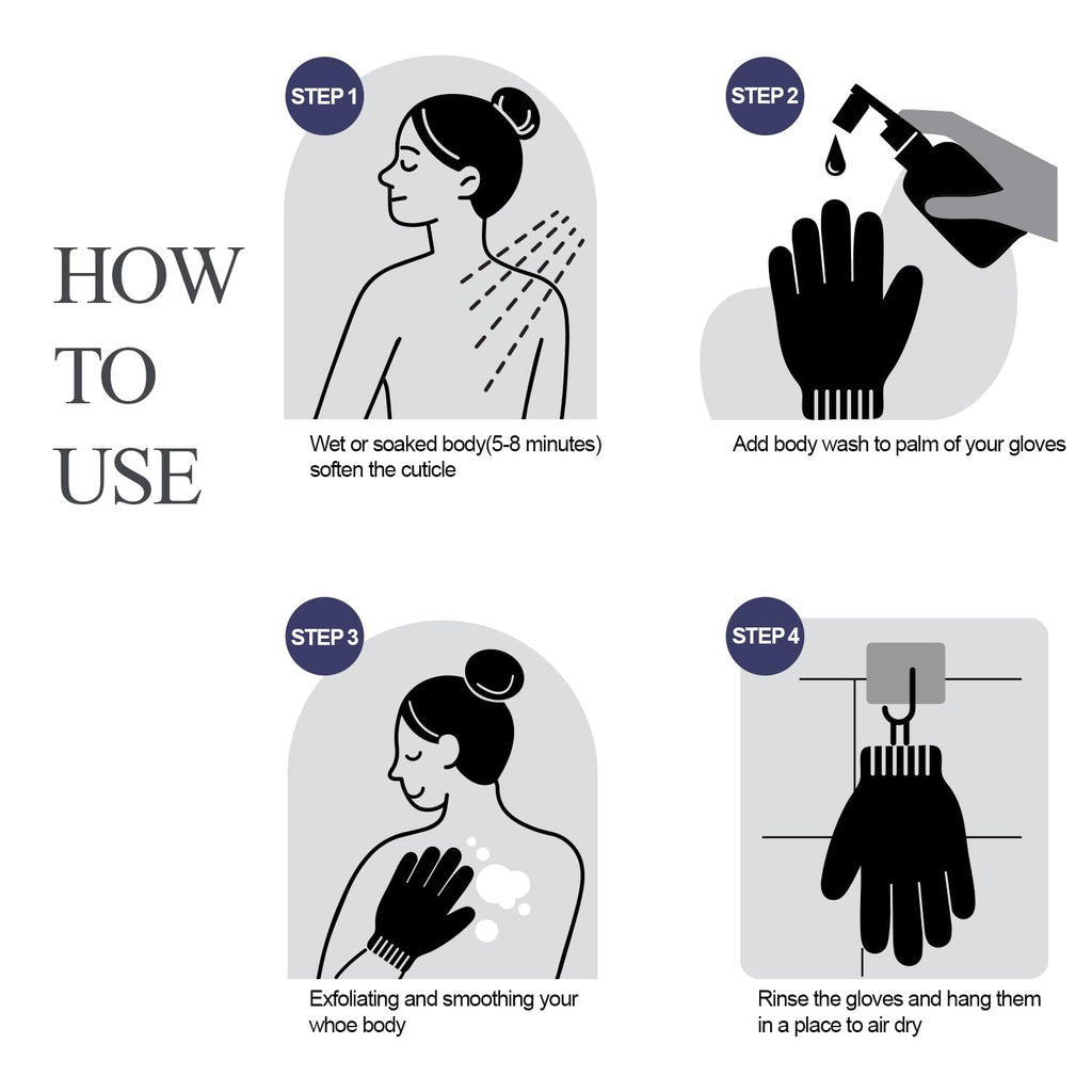 Evridwear Exfoliating Dual Texture Bath Gloves for Shower, Spa, Massage and Body Scrubs, Dead Skin Cell Remover, Gloves with Hanging Loop (1 Pair Black Heavy Glove)