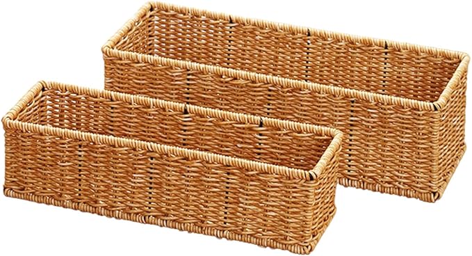 Small Plastic Rattan Baskets for organizing (Set of 2) | Bathroom Basket | Wicker Storage Basket | Toilet Paper Basket | Shelf Baskets | Rustic Style |Water-Resistant and Durable