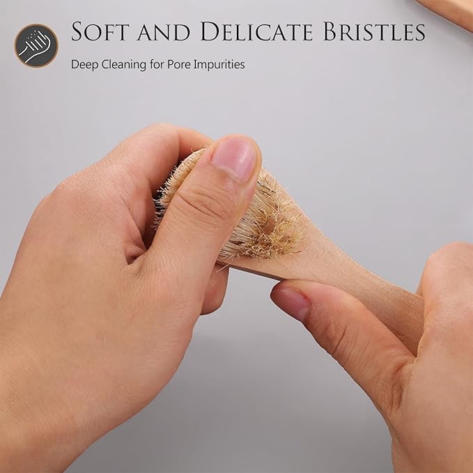 Kootinn 2 Pack Mini Dry Brush, Natural Bristle Small Body Brush, Exfoliating Facial Cleansing Brush for Soft Skin and Other Sensitive Areas Like Your Neck, Chest, and Nails