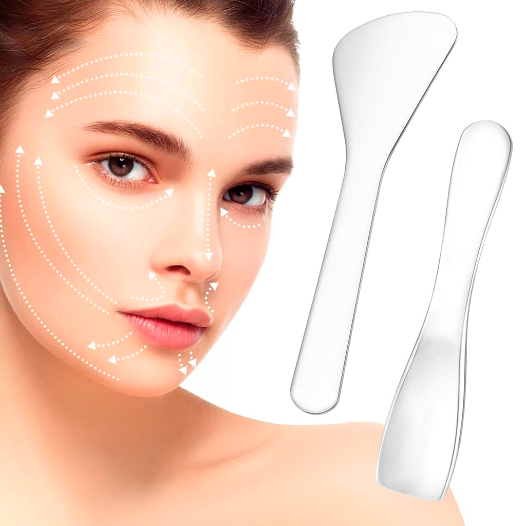 Pndeyo 2pcs Mini Metal Makeup Spatula, Reusable Cosmetic Cream Spatulas Spoon, Skincare Scoop Applicator Facial Massage Beauty Tools for Mixing and Sampling Face Eye Cream- Silver