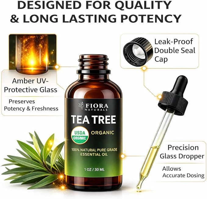 Tea Tree Oil – 100% Pure Organic Tea Tree Essential Oil for Skin, Face, Hair, Scalp, Nails, and Toenail – 1 fl oz - By Fiora Naturals