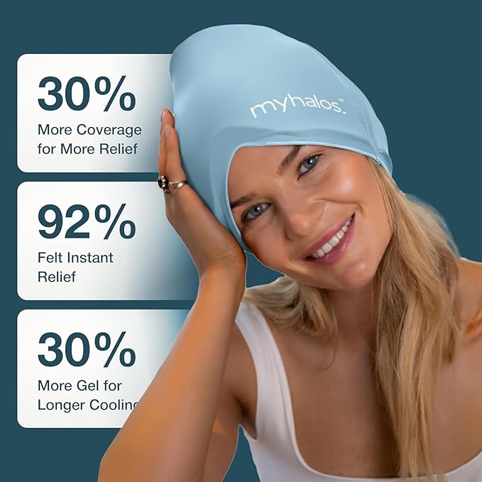 MyHalos® Migraine Relief Cap – 30% Thicker Ice Hat 2X Cooling Gel, Headache & Sinus Ice Pack Wrap, Cold Therapy for Migraine, Tension, Hangover, Facial Pain, Strap-Free, Odor-Free Storage Included