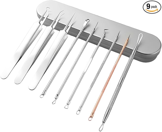 9 Pcs Blackhead Remover Comedone Extractor, Acne Removal Kit, Manual Pimple Popper Tool for Quick and Easy Removal of Pimples, Blackheads on Forehead, Facial and Nose (9 Pack)