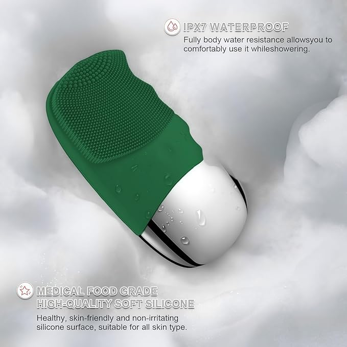 MEGAN Facial Cleansing Brush,USB Rechargeble Electric Silicone Face Scrubber,IPX7 Waterproof Sonic Facial Massager, 3 in 1 face Brush for Deep Cleanning, Blackhead Remover, Exfoliating. (Green)