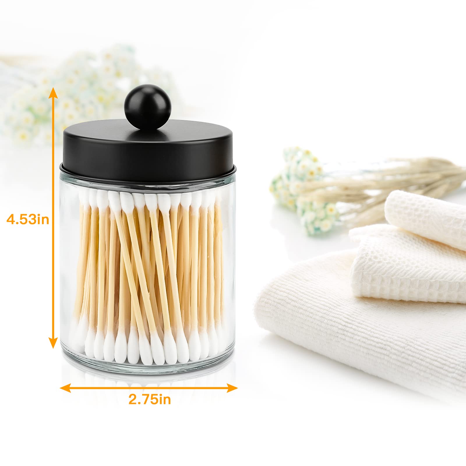 Goramio 4 Pack Glass Apothecary Jars with Lids for Bathroom, Cute Qtip Holder, Black Bathroom Accessories Set, Small Bathroom Canisters with Lids for Q-Tips, Cotton Swabs, Black Bathhouses Decor