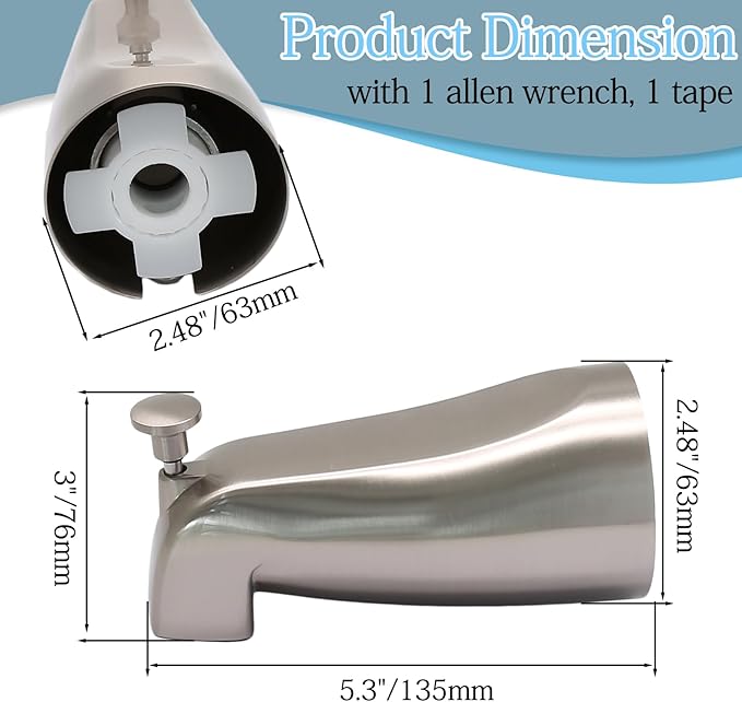 Luomorgo 1 Pc Bath Tub Spout with Diverter, Brushed Nickel Tub Spout Universal Fits 1/2" Copper Water Pipe, Bathroom Shower Bathtub Faucet Spout with Hex Wrench, Thread Tape