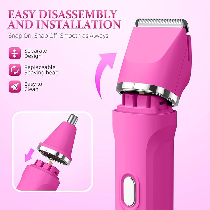 5-in-1 Bikini Trimmer for Women, IPX7 Waterproof Electric Razors Shaver, Cordless Body Hair Trimmer, Facial & Pubic Hair Removal, Ceramic Blade (Magenta)