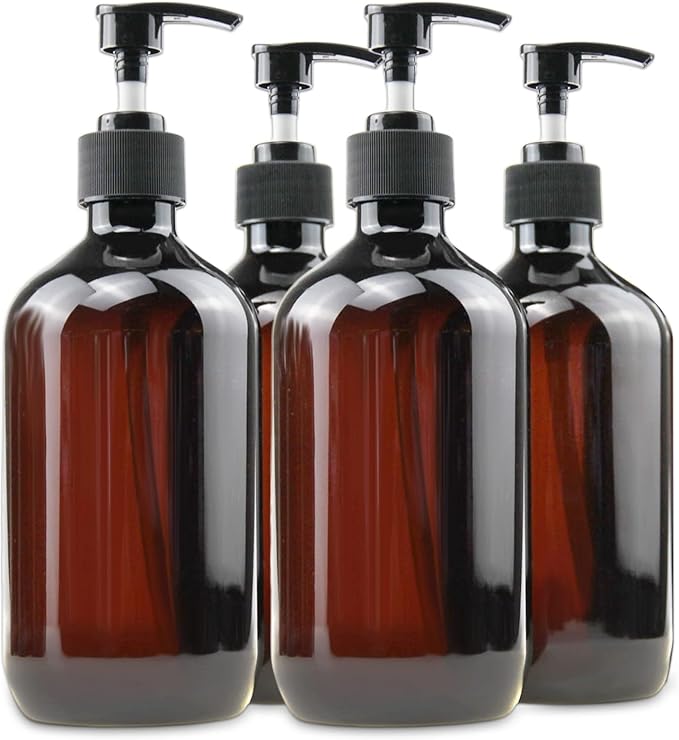 Empty Plastic Bottles with Pump Dispenser, 500ml/16.9oz (Amber, 4 Pack)