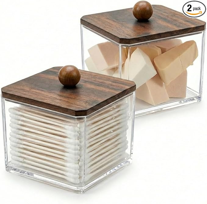 SheeChung Qtip Holder for Bathroom - Walnut Wood Lid Acrylic Cotton Swab Dispenser, Clear Apothecary Jar for Cotton Balls, Pads, Flossers, Farmhouse Vanity Storage Organizer (2 pack)