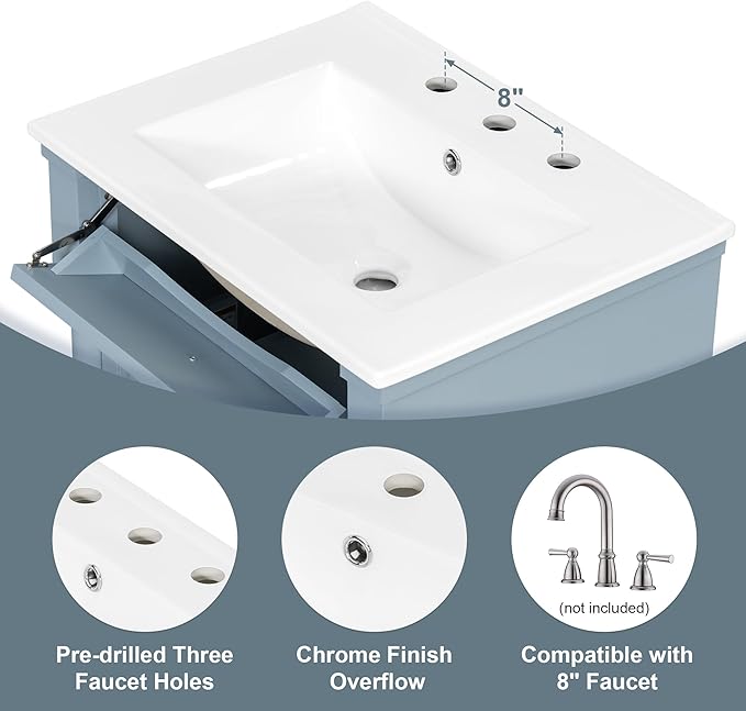 Harper & Bright Designs 24" Bathroom Vanity with Sink, Free Standing Bathroom Vanity Set with Flip Drawer, 2 Drawers, and Adjustable Shelf, Storage Cabinet with Ceramic Basin for Bathroom, Blue Grey