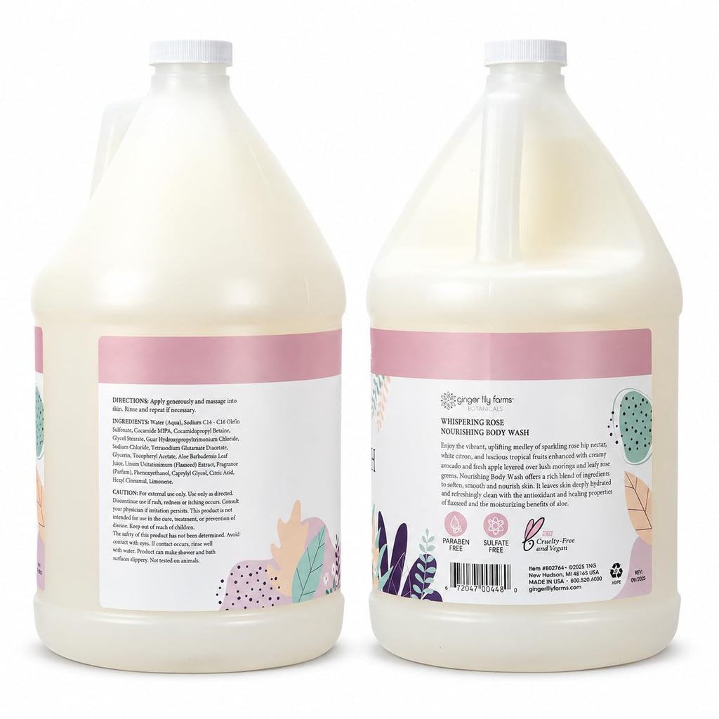 Ginger Lily Farms Botanicals Nourishing Body Wash, 100% Vegan & Cruelty-Free, Whispering Rose Scent, 1 Gallon (Pack of 4)