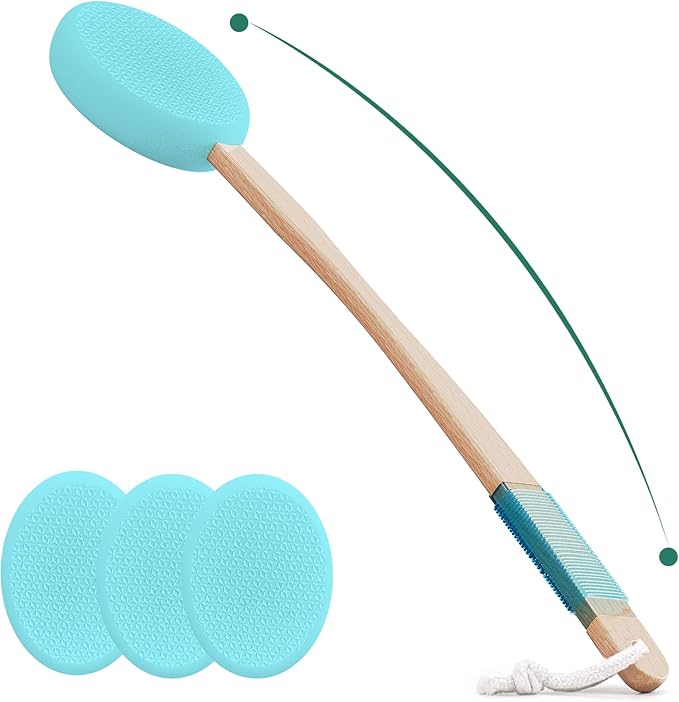Svarvns Lotion Applicator With 4 Replaceable Pads for Back, Self, Elderly, Women - Sunscreen and Cream Applicator With 17" Curved Handle for Easy Targeting of Back and Feet, Blue