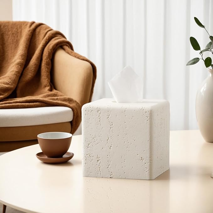 Haocoott Tissue Box Cover Square, Resin Facial Tissue Holder Covers Toilet Paper Holder Decorative Travertine Paper Dispenser Home Decor for Bathroom Bedroom Living Room Office (Off White)