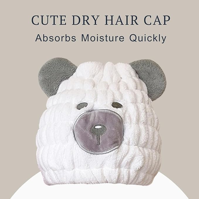 LCBD Microfiber Hair Towel Wrap for Kids, White Bear Dry Hair Cap Suck Water, Absorbent Quick Girls Boys Hair Drying Towel, Lightweight Bouncy Hat Headscarf for Wet Hair