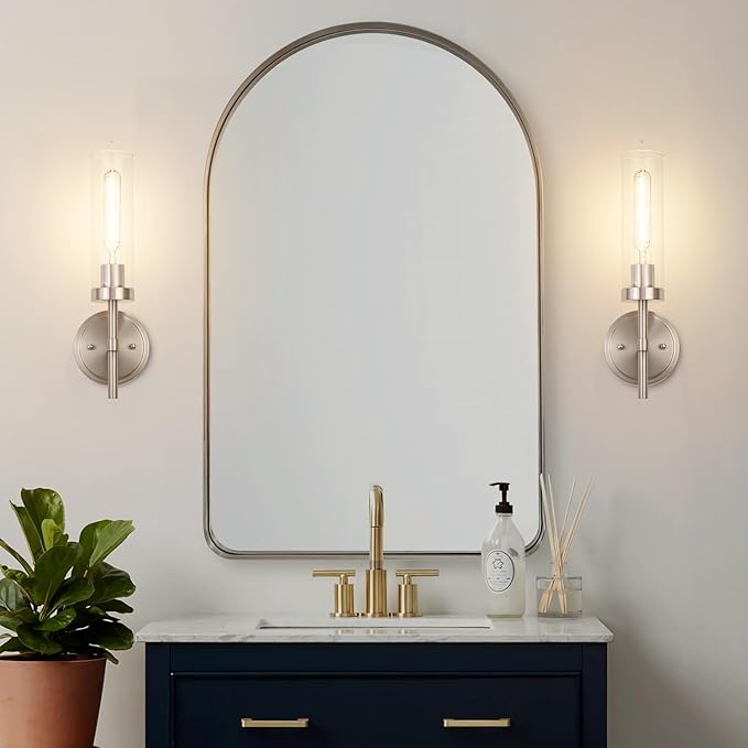 SANTOSTOCK Brushed Nickel Wall Sconces Set of 2, Hardwired Bathroom Sconces Vanity Light Fixture, Farmhouse Wall Mount Lamps for Mirror Living Room Bedroom Hallway