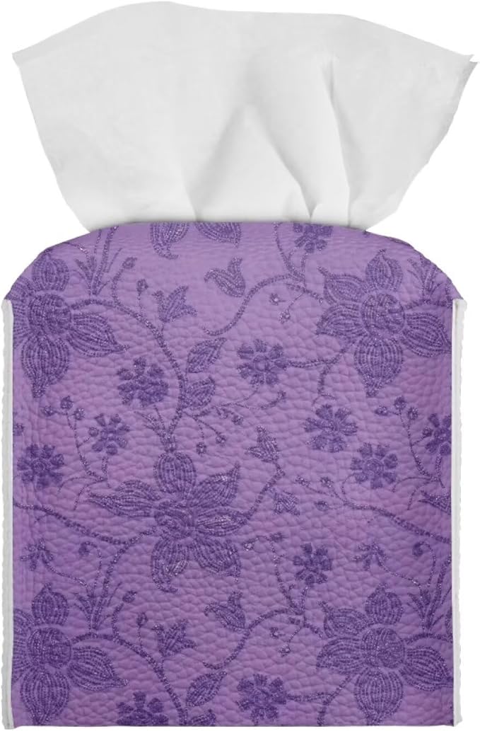 Purple Flowers Tissue Box Case PU Leather Square Modern Asthetic Tissue Box Cover with Metal Button Waterproof Napkin Organizer for Home Office Car Bathroom Decor