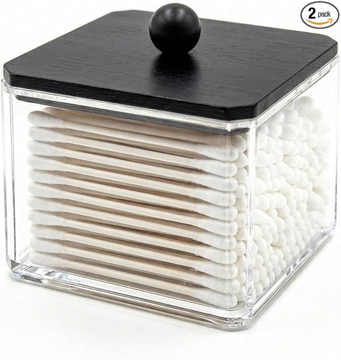 SheeChung Qtip Holder for Bathroom - Acrylic Cotton Swab Dispenser with Black Wood Lid, Clear Apothecary Jar for Cotton Balls, Pads, Flossers, Farmhouse Bathroom Vanity Organizer (1 pack)