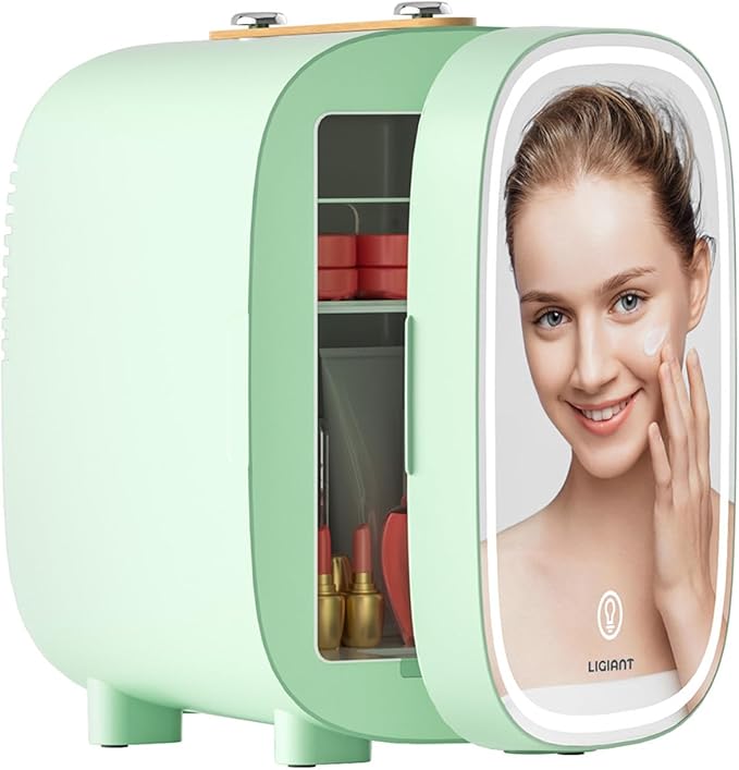 LIGIANT DF01A Skincare Fridge, With 3-Level Dimmable LED Light Mirror, Low Noise 4L Makeup Fridge for Skincare, Cooler & Warmer, Portable Design for Multiple Uses - Bedroom, Office, and Car