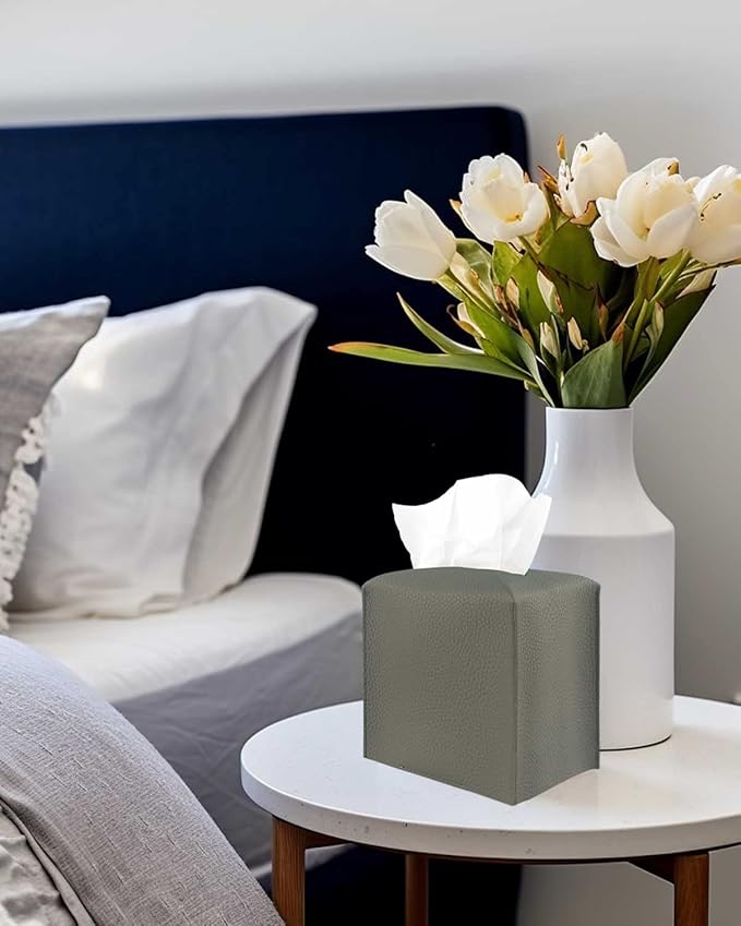 Tissue Box Cover Tissue Holder – Square Leather Tissue Cover Box with Bottom Belt [JESMINI, Dark Grey] Decorative Tissue Box Holder for Bathroom/Night Stands/Office