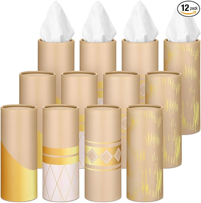 Fourluoo 12 Pack Car Tissue Cylinder Holder Bulk with 3 Ply Facial Tissues, Round Napkin Holders for Car Cup Holder Cylinder Travel Paper Tubes Bulk Round Napkin Boxes Packs(Modern Gold Line)