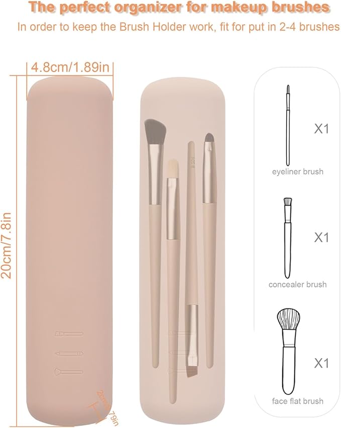 FERYES Travel Makeup Brush Holder, Magnetic Anti-fall Out Silicon Portable Cosmetic Face Brushes Holder, Soft and Sleek Makeup Tools Organizer for Travel-Khaki（7.8 * 1.89 * 0.8 Inches）