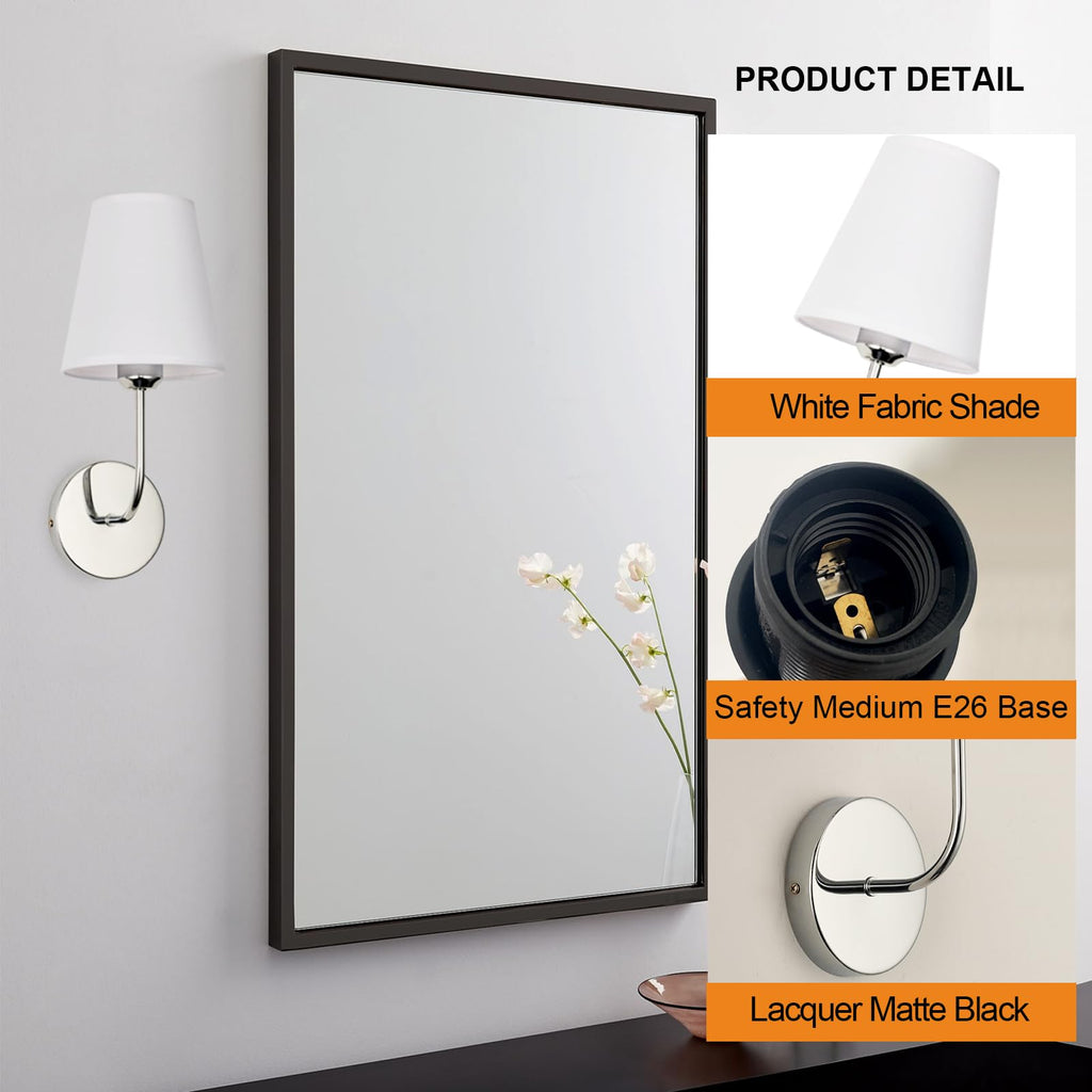 LEECOORA Modern Hardwired Wall Sconces, Set of 2 in Chrome with White Fabric Shades,Farmhouse Light, Living Room, Hallway, Bathroom, Vanity, or Staircase. Sleek, Versatile Lighting