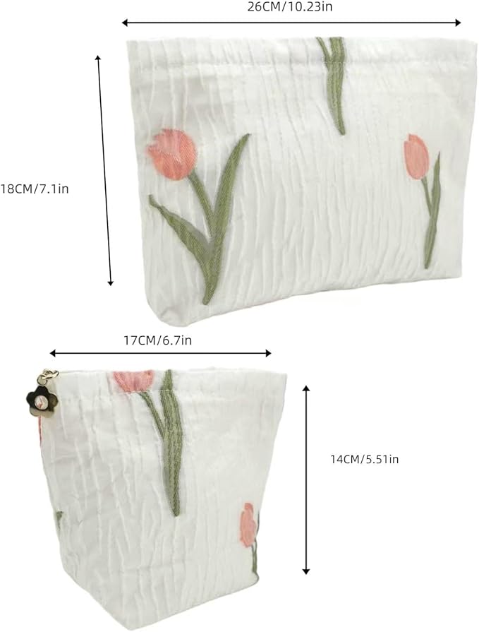 RIKMOXR 2-Pack Tulip Print Makeup Bag Set - White Fabric Cosmetic Organizer Pouches (1 Large + 1 Small) for Daily & Travel Use