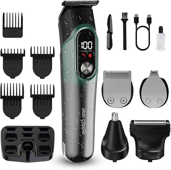 Beard Trimmer for Men, Hair Clippers for Men 5 in 1 Grooming Shaving Kit for Face, Mustache, Body, Ear, Nose, Waterproof Cordless Barber Clippers for Hair Cutting 822 Cyan