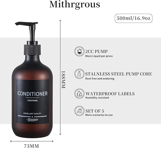 Mithrgrous Refillable Matte Amber Plastic Shampoo and Conditioner Bottles (5 Pack, 16.9oz), with Pumps and Labels