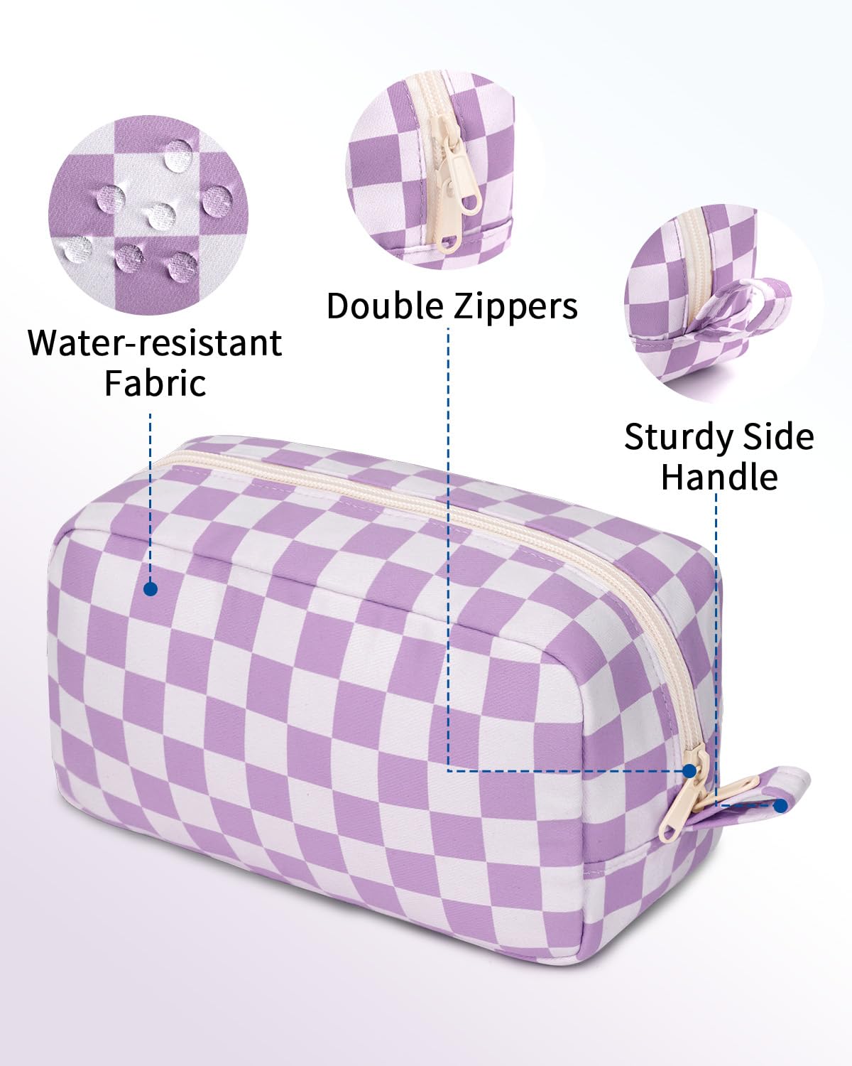 Narwey Checkered Makeup Bag Travel Cosmetic Bag Organizer Small Toiletry Bag Make Up Bags with Organized Pockets for Women (Purple Checkerboard, Large)