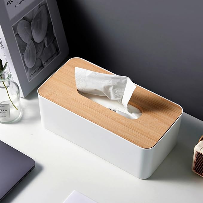 Tissue Box with Bamboo Cover,Plastic Tissue Organizer,Bathroom Tissue Dispenser for Home,Bedroom,Office,Living Room,8.1×4.6×2.9 in (Grey)