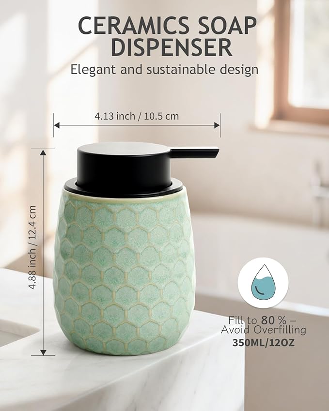 Foaming Soap Dispenser, 12OZ Ceramic Foam Hand Soap Dispenser with Honeycomb Design for Kitchen or Bathroom, Refillable Dish Lotion Dispenser, Green, ANTIS'S HOME