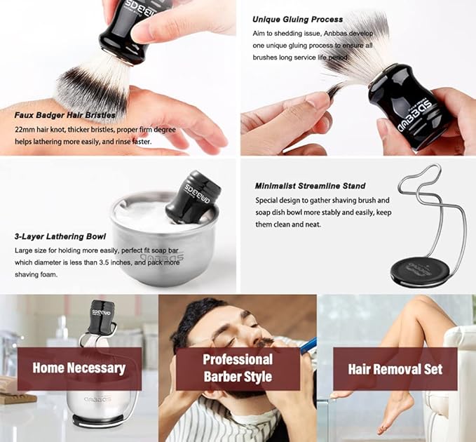 Anbbas Synthetic Badger Hair Shaving Brush,Stainless Steel Shaving Soap Bowl and Higher Brush Holder Stand Set for Men Wet Shave