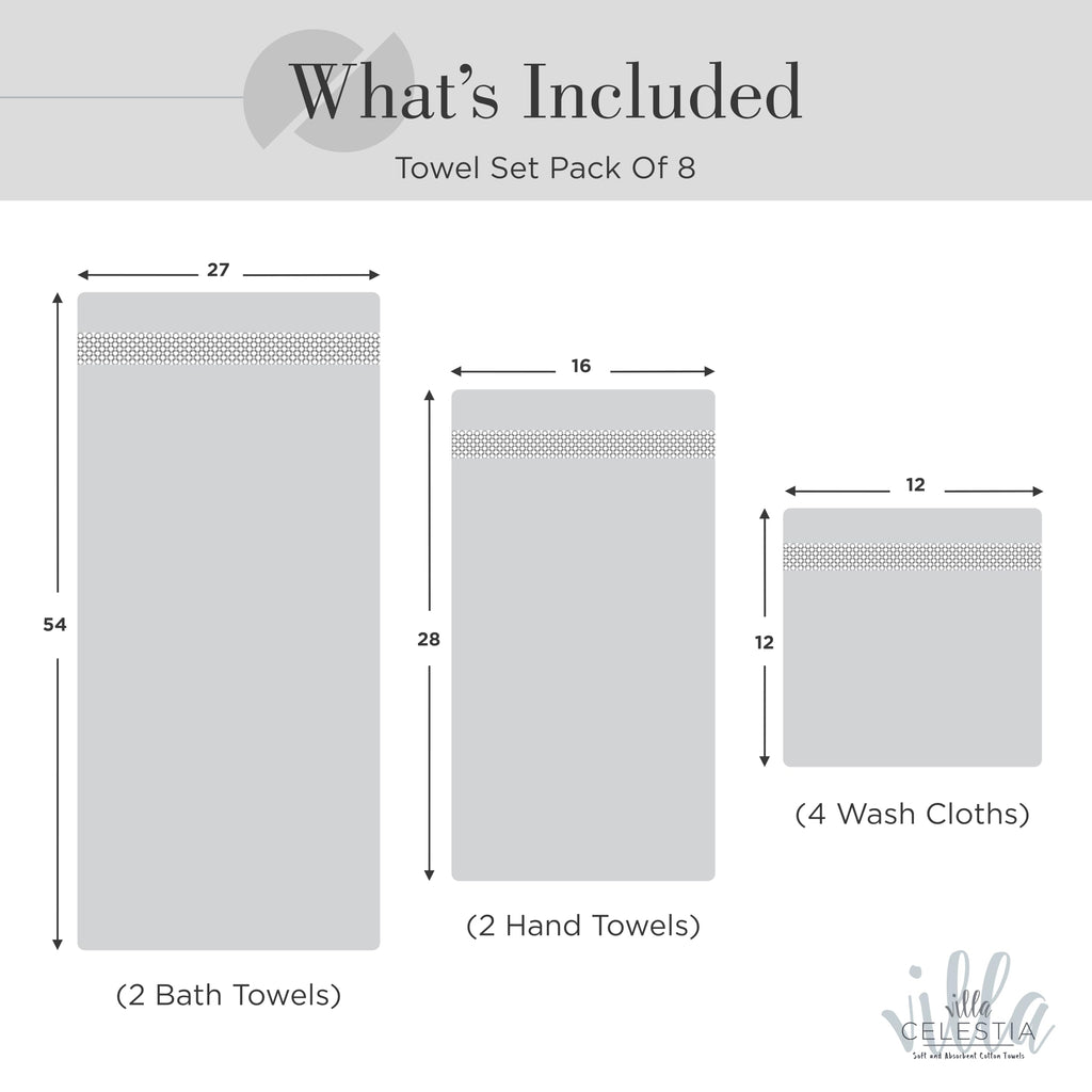 Villa Celestia 8-Piece 100% Cotton Towel Set, 2 Bath Towels, 2 Hand Towels, 4 Wash Cloth, Quick-Dry, White