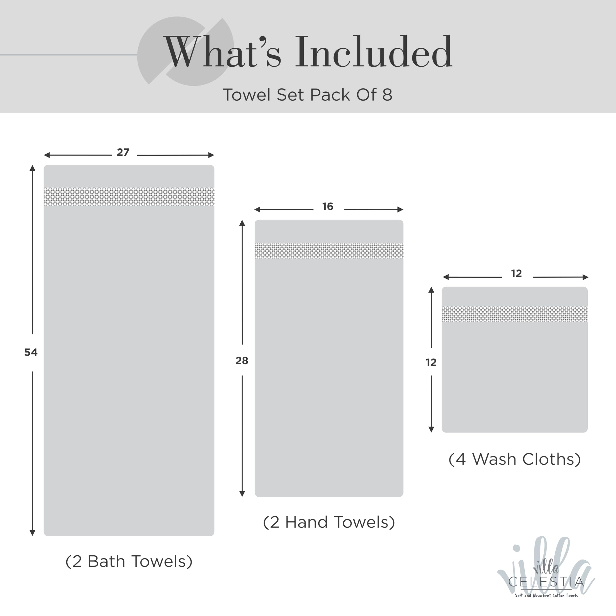 Villa Celestia 8-Piece 100% Cotton Towel Set, 2 Bath Towels, 2 Hand Towels, 4 Wash Cloth, Quick-Dry, White