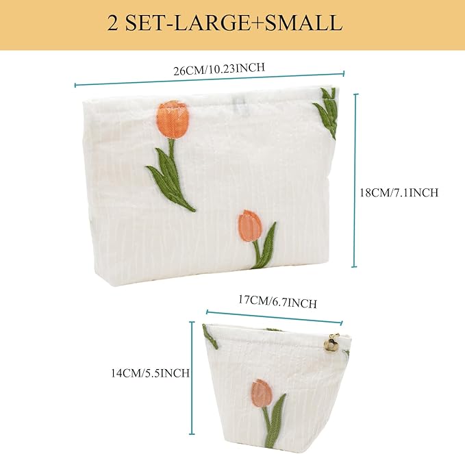 getgto 2 Pcs Makeup Bags, Large Cosmetic Bag Travel Toiletry Bag Organizer for Women, Embroidery Craft, Floral Makeup Bag Small Cosmetic Pouch Purse with Zipper Gifts for Girls Teen