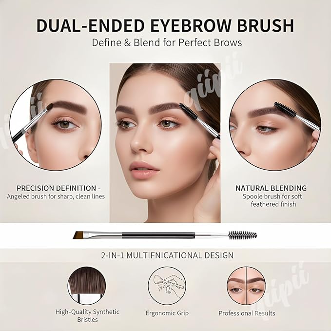 qiipii Eyebrow Brush Professional Double-Ended Angled Eye Brow Spoolie Brushes, Double Head Brush, Makeup Grooming Tool for Precision Application of Eye Brow Powders, Shaping Eye Brow & Lashes