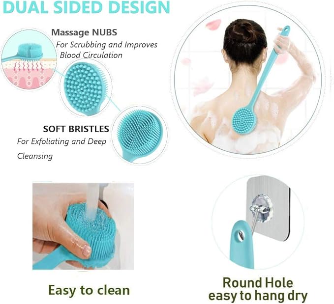 Long Handle Silicone Body Scrubber for Shower, Dual-Sided Back Scrubber Brush with Soft Bristles&Massage Nodes, Exfoliating Bath Brush for Hard to Reach Areas, Easy to Clean & Quick Dry, for Daily Use