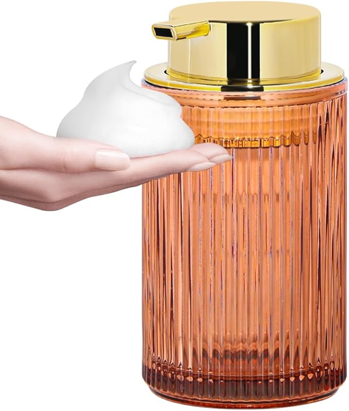 Tonxus Foaming Soap Dispenser, 12 Oz Brown Glass Foam Soap Dispenser, Refillable Foam Pump Bottle Container Decorative Slim Ribbed Bottle for Bathroom and Kitchen Countertop