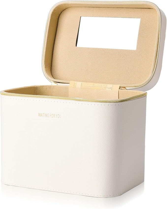 Sluxa Luxury Hard white makeup box, Portable leather hard cosmetic case with mirror, Sturdy train case make up box for women adults. (Monolayer - white