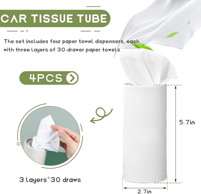 4 PCS Car Tissue Holder, Quick Convenient Refill Cylinder Facial Tissue Holder, Travel Tissues Box Round Container Suitable for Car Cup Holder, Universal Car Accessories (White)