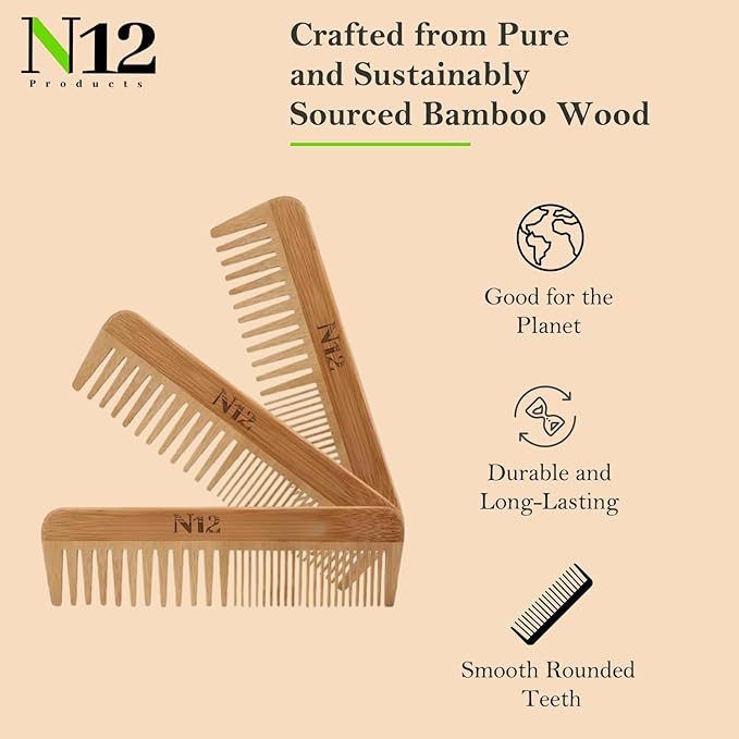 N12 Bamboo Wooden Hair Comb Set of 3 Fine & Wide Tooth Anti Frizz Detangler 17.5 cm
