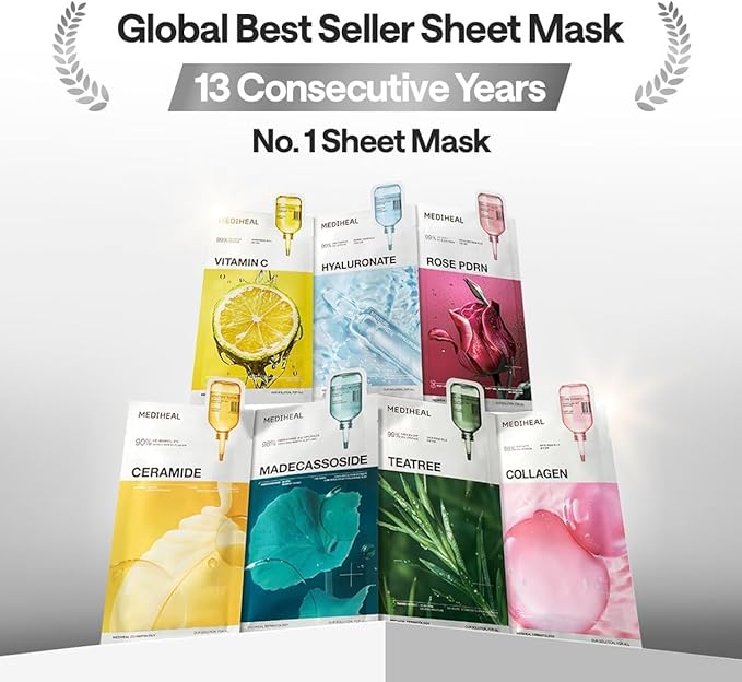 Mediheal Essential Face Mask [Madecassoside] Blemish Repair 10 pcs. with 98% Purity Madecassoside & Hyaluronic Acid - Soothing Care, Hydrating- Travel Essentials, Vegan Formula Korean Sheet Mask