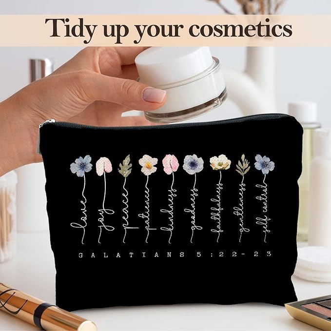 Likjad Christian Gifts Makeup Bag, Floral Christian Cosmetic Bags for Women, Galatians 5:22-23 Bible Verse Makeup Pouch, Faith Based Gifts Zipper Pouch(black)