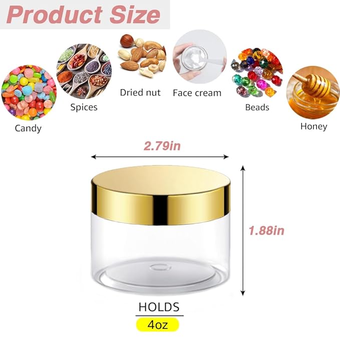 12 Pack 4 oz Plastic Cosmetic Containers With Rose Gold Lids Refillable Clear Empty Travle Jars Containers for Body Butter,Sugar Scrubs,Cream,Lotions,Candy, Label&Spatulas