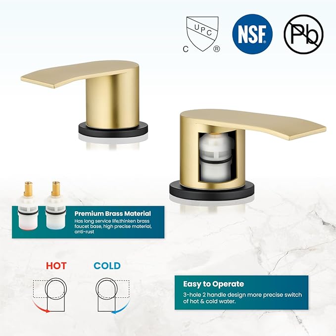 gotonovo Waterfall 8 inch Widespread Bathroom Faucet Set Bathroom Sink Faucet 3 Hole 2 Handle Vanity Lavatory Deck Mount with Pop Up Drain and Water Supply Lines Round Body Gold and Matte Black