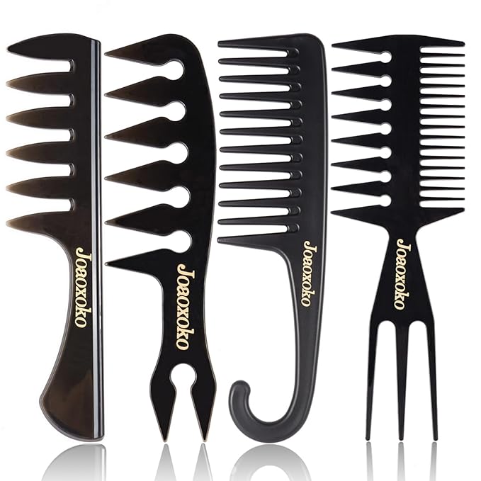 joaoxoko Wide Tooth Comb Set for Men - 4 Pcs Professional Barber Combs with Anti-Static Design, Reduce Hair Pulling for Curly Thick Hair, Textured ABS Black Combs for Travel Salon Home Grooming