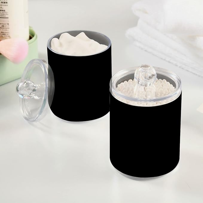 Black Qtip Holder Organizer Dispenser Cotton Swabs Cans Plastic Jars with Lid Set 2 Pack Bathroom Storage Canister for Cotton Ball Floss Cotton Pads